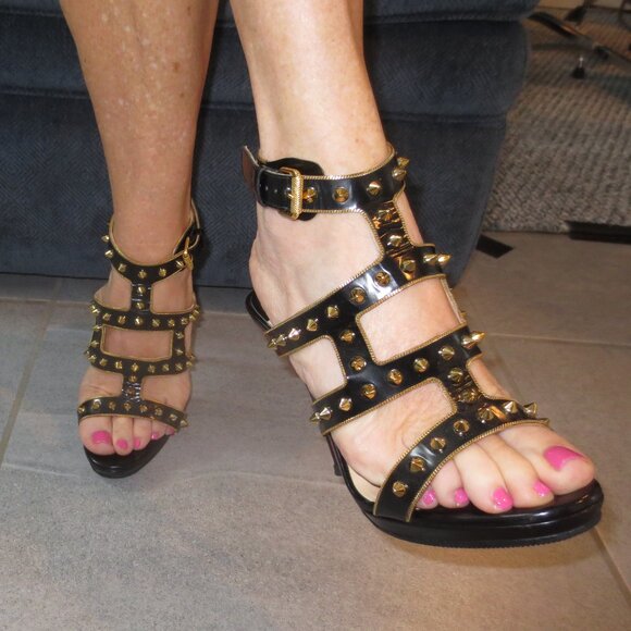 CHRISTIAN LOUBOUTIN Black and Gold Stud and Chain High Heel Sandals - Picture 6 of 9